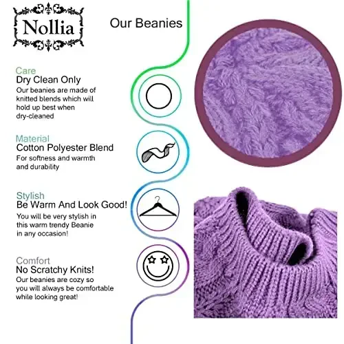 Nollia Soft Knit Solid Color Beanie, Chic, and Lightweight Crochet Knitted Style Beanie Hat for Women, One Size Slouchy Hat - 3