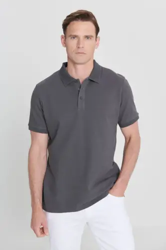 Non-Curl Pique Polo Collar Men's Anthracite T-Shirt - anthracite 