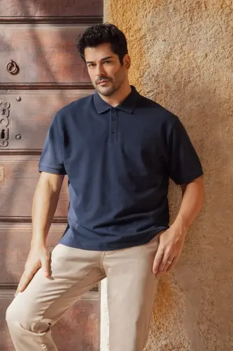 Non-Curl Pique Polo Collar Men's Prussian Navy Blue T-Shirt - navy blue 