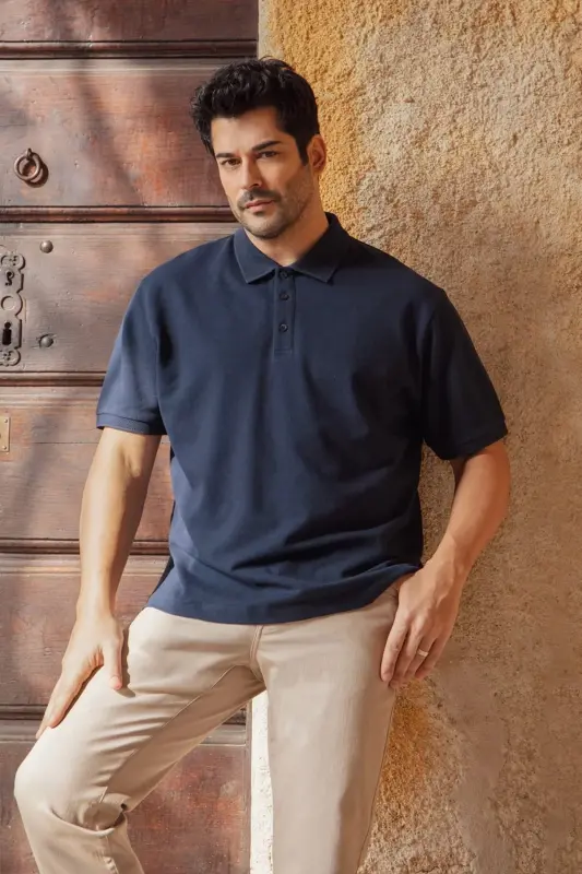 Non-Curl Pique Polo Collar Men's Prussian Navy Blue T-Shirt - navy blue - 1