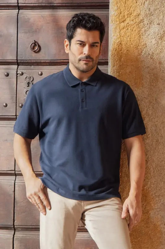 Non-Curl Pique Polo Collar Men's Prussian Navy Blue T-Shirt - navy blue - 2