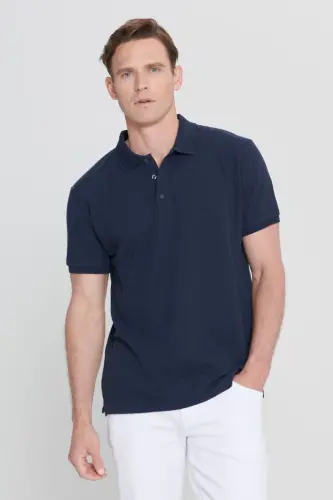 Non-Curl Pique Polo Collar Men's Prussian Navy Blue T-Shirt - navy blue - 3