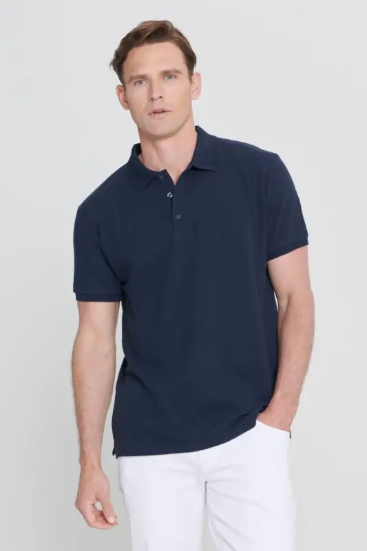 Non-Curl Pique Polo Collar Men's Prussian Navy Blue T-Shirt - navy blue - 3