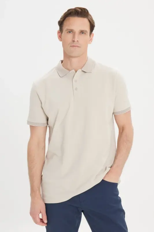 Non-Curl Pique Polo Collar Men's Safari T-Shirt - Beige - 1