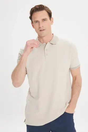 Non-Curl Pique Polo Collar Men's Safari T-Shirt - Beige - 5