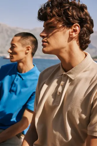 Non-Curl Pique Polo Collar Men's Safari T-Shirt - Beige - 7