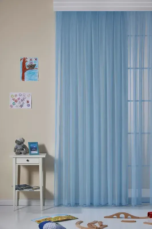 Non-Iron Blue Kid's Room Plain Tulle Curtain with Gathered Heading Tape - Blue - Modazone
