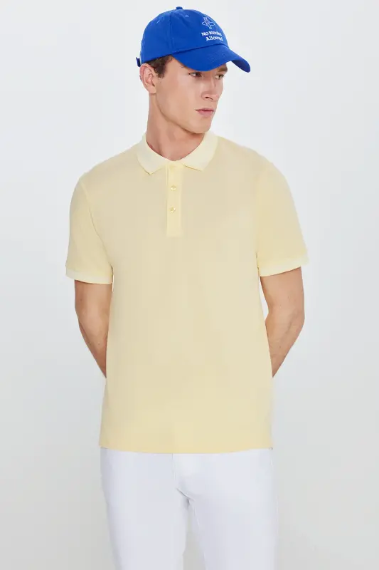 Non-Iron Pique Fabric Slim Fit Tapered Yellow-White Polo Shirt that Doesn't Attract Men - AC&CO / ALTINYILDIZ CLASSICS