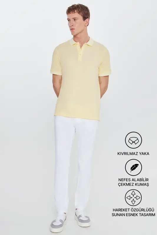 Non-Iron Pique Fabric Slim Fit Tapered Yellow-White Polo Shirt that Doesn't Attract Men - 10