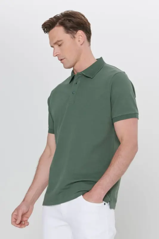 Non-Iron Piqué Polo Collar Men's Khaki T-Shirt - Green - 4