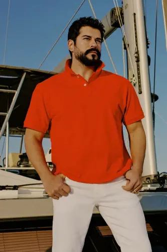 Non-Iron Pique Polo Collar Men's Pomegranate Blossom T-Shirt - pomegranate blossom - 3