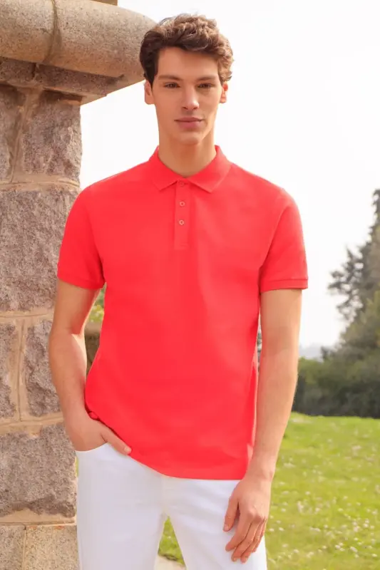 Non-Iron Pique Polo Collar Men's Pomegranate Blossom T-Shirt - pomegranate blossom - 4