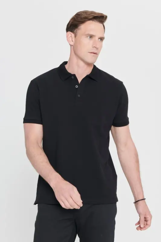 Non-Roll Pique Polo Collar Men's Black T-Shirt - black - 5