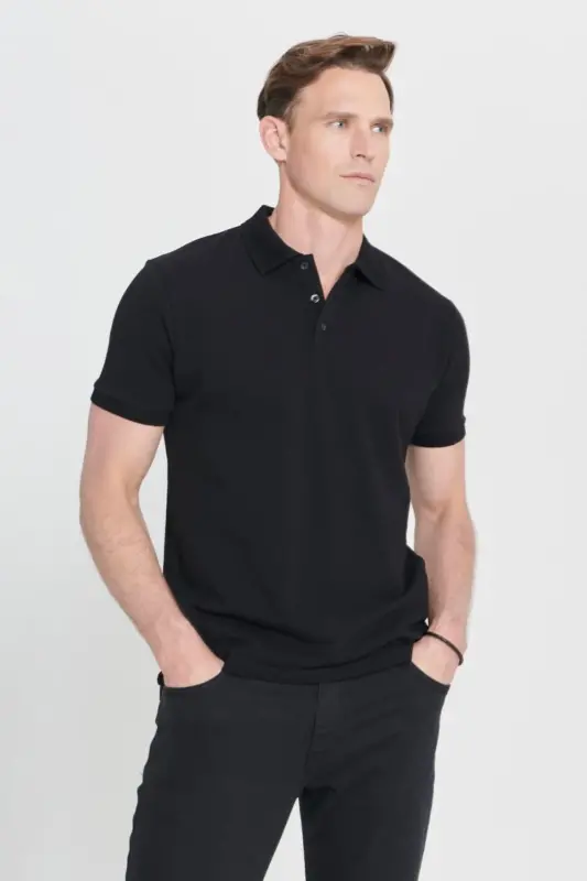 Non-Roll Pique Polo Collar Men's Black T-Shirt - black - 7