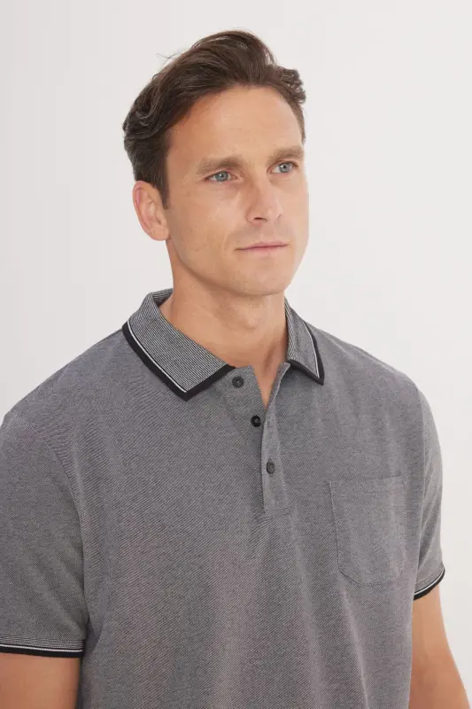 Non-Shrink Cotton Fabric Regular Fit Comfort Cut Black Wrinkle-Resistant Polo Collar Pocketed T-Shirt - MODAZONE