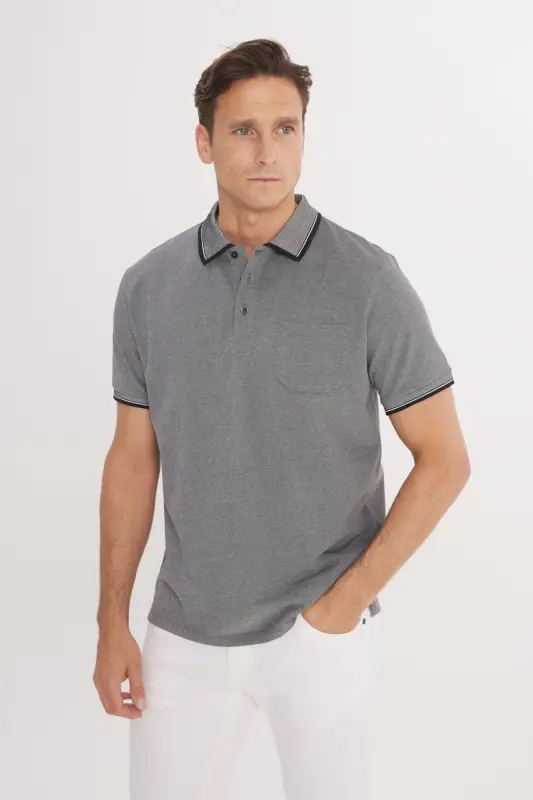 Non-Shrink Cotton Fabric Regular Fit Comfort Cut Black Wrinkle-Resistant Polo Collar Pocketed T-Shirt - 3