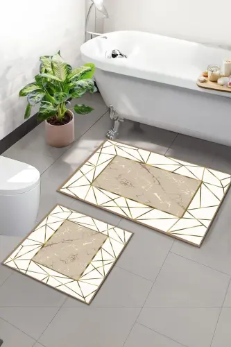 Non-Slip Backing Washable 2-Piece Set Bath Rug Bath Mat Toilet Set (26)-beige striped 