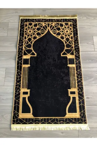 Non-Slip Base Machine Washable Digital Printed Prayer Rug 70x120cm-Black Gold 
