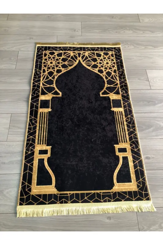 Non-Slip Base Machine Washable Digital Printed Prayer Rug 70x120cm-Black Gold - 2