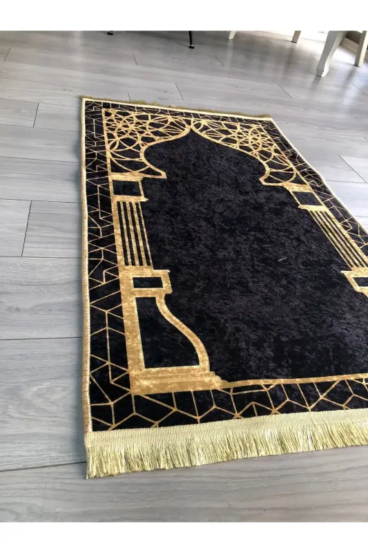 Non-Slip Base Machine Washable Digital Printed Prayer Rug 70x120cm-Black Gold - 3