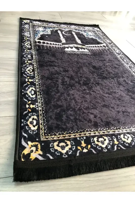 Non-Slip Base Machine Washable Digital Printed Prayer Rug 70x120cm-Black White - 3