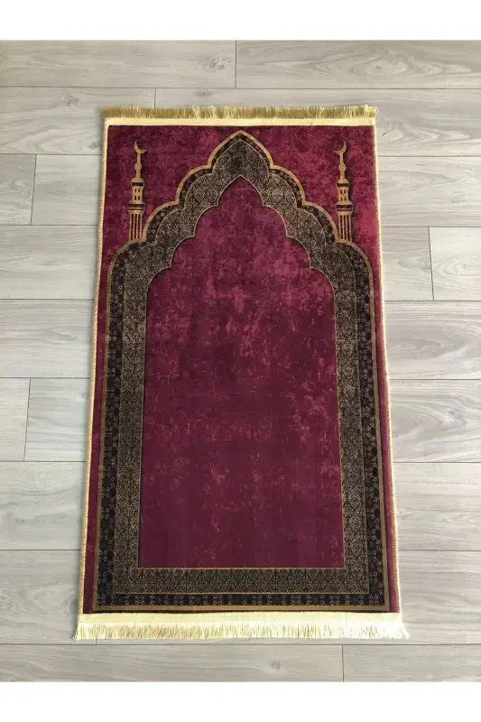 Non-Slip Base Machine Washable Digital Printed Prayer Rug 70x120cm-Burgundy - 1