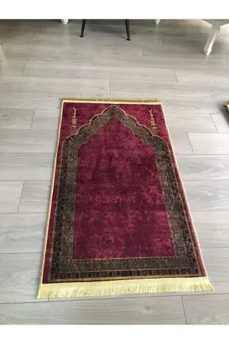 Non-Slip Base Machine Washable Digital Printed Prayer Rug 70x120cm-Burgundy - 2