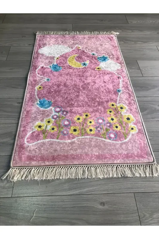 Non-Slip Base Machine Washable Digital Printed Prayer Rug 70x120cm-Pink - 2