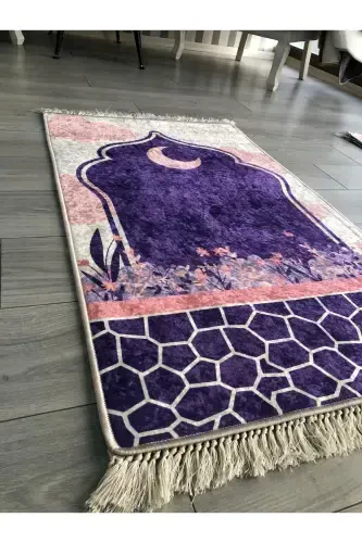 Non-Slip Base Machine Washable Digital Printed Prayer Rug 70x120cm-Purple - 3