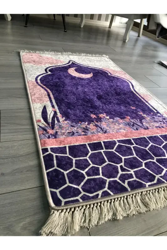 Non-Slip Base Machine Washable Digital Printed Prayer Rug 70x120cm-Purple - 3