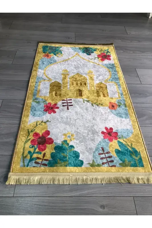 Non-Slip Base Machine Washable Digital Printed Prayer Rug 70x120cm-Yellow - 2