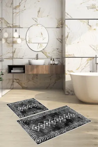 Non-Slip Base Washable 2 Pcs 60x100 - 50x60 Bathroom Rug Mat Toilet Set-Black 