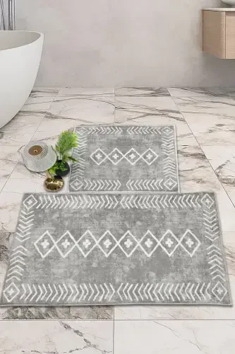 Non-Slip Base Washable 2 Pcs 60x100 - 50x60 Bathroom Rug Mat Toilet Set-gray - THALIA HOME (1)
