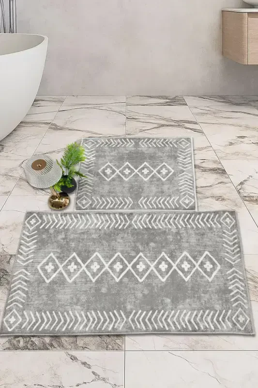 Non-Slip Base Washable 2 Pcs 60x100 - 50x60 Bathroom Rug Mat Toilet Set-gray - 2