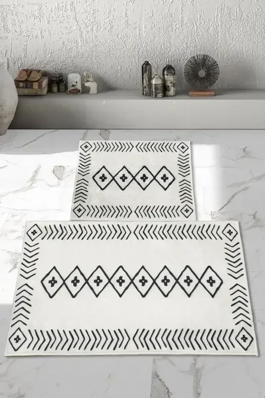Non-Slip Base Washable 2 Pcs 60x100 - 50x60 Bathroom Rug Mat Toilet Set-white - THALIA HOME