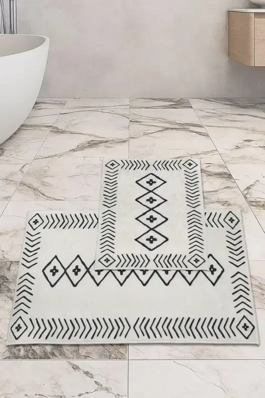 Non-Slip Base Washable 2 Pcs 60x100 - 50x60 Bathroom Rug Mat Toilet Set-white - 2