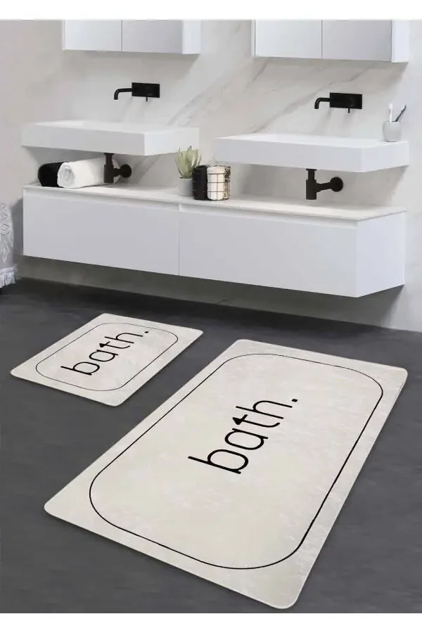 Non-slip Base Washable 2-Piece Bath Mat - Ecru Bath Patterned 60*100 Cm - 50*60 Cm - 1