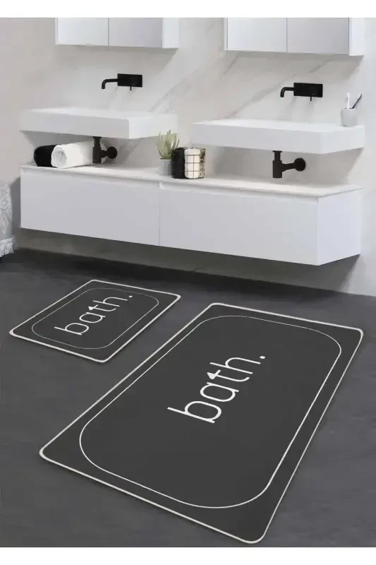 Non-Slip Base Washable 2-Piece Bath Mat - Smoke Bath Patterned 60*100 Cm - 50*60 Cm-Smoke - 1