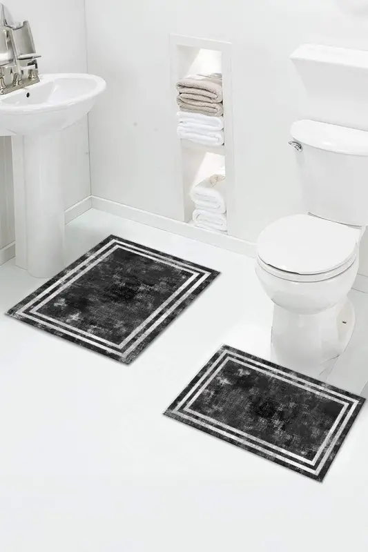 Non-Slip Base Washable 2-Piece Set Bath Rug Bath Mat Toilet Seat Cover Set (11)-striped - BIR AKSESUAR