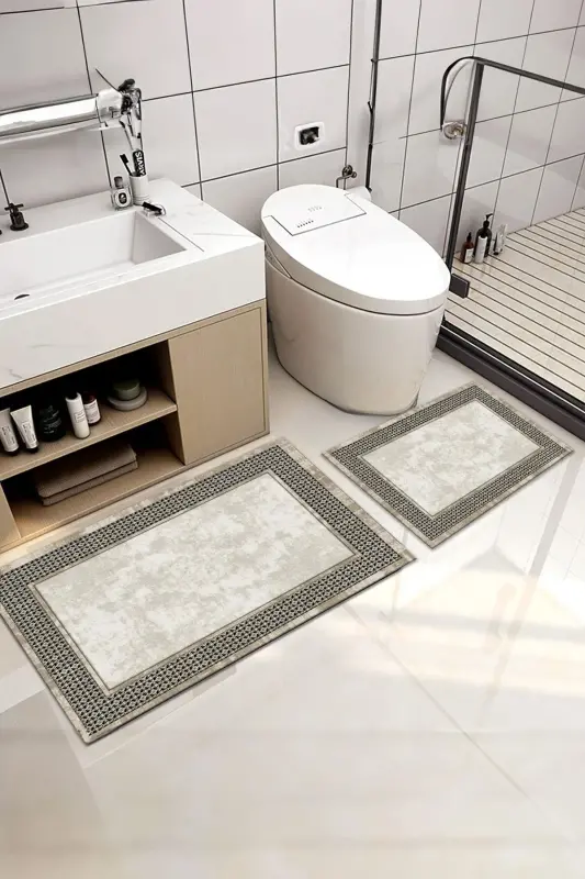 Non-Slip Base Washable 2-Piece Set Bath Rug Bath Mat Toilet Set (15)-beige - 1