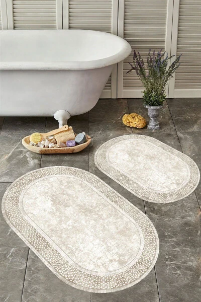 Non-slip Base, Washable, Stain-Resistant, 2-Piece Set, Oval Toilet Bathroom Rug Set - 1