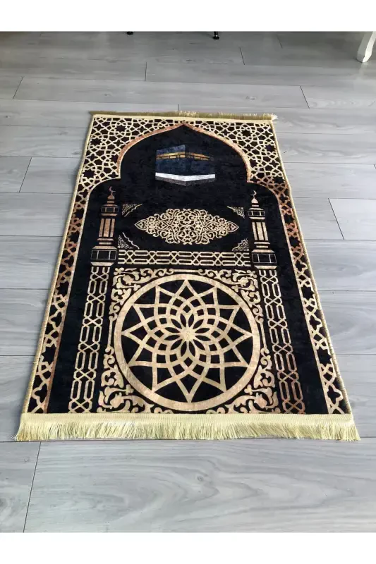 Non-Slip Machine Washable Digital Printed Prayer Rug 70x120cm-Black Yellow - 2