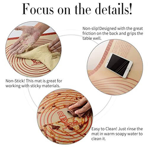 Non-slip Silicone Pastry Mat Extra Large with Measurements 16''By 26'' for Silicone Baking Mat, Counter Mat, Dough Rolling Mat, Oven Liner, Fondant/Pie Crust Mat By Folksy Super Kitchen Red - 10