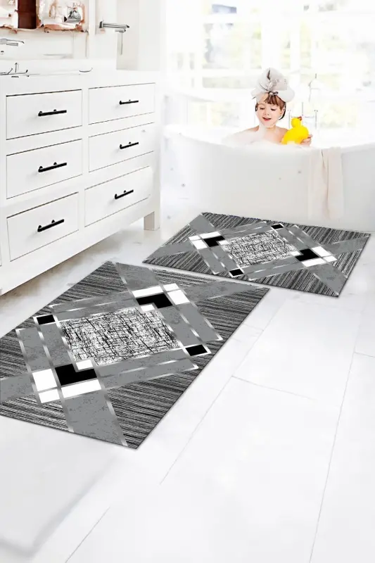 Non-Slip Washable 2-Piece Set Bathroom Rug Bath Mat Toilet Set (22)-gray - 1