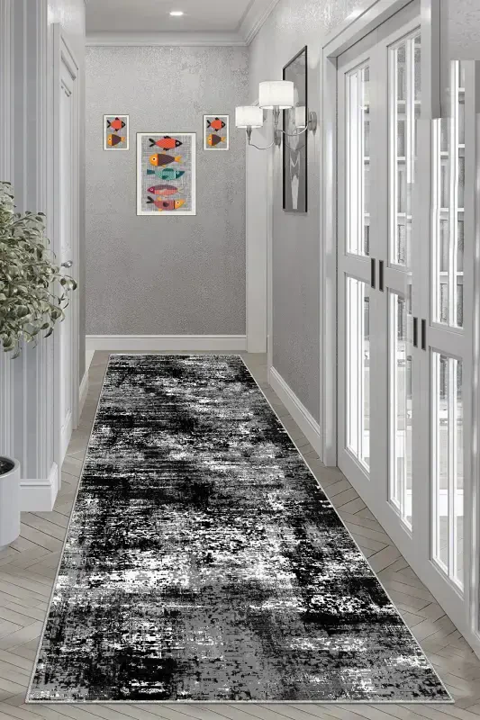Non-Slip Washable Printed Runner Rug Kitchen Carpet-Black - 2