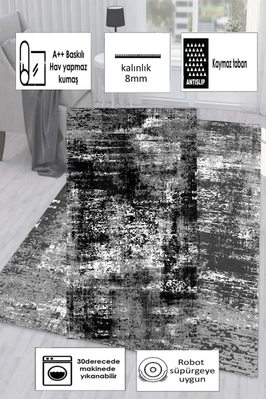 Non-Slip Washable Printed Runner Rug Kitchen Carpet-Black - 3