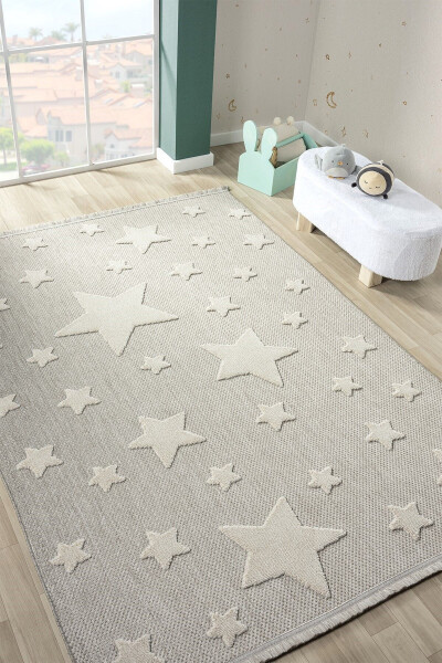 Non-Slip Washable Woven Rug Grey Star Baby Kids Room Rug Stain Resistant AYAZ 14 - 1