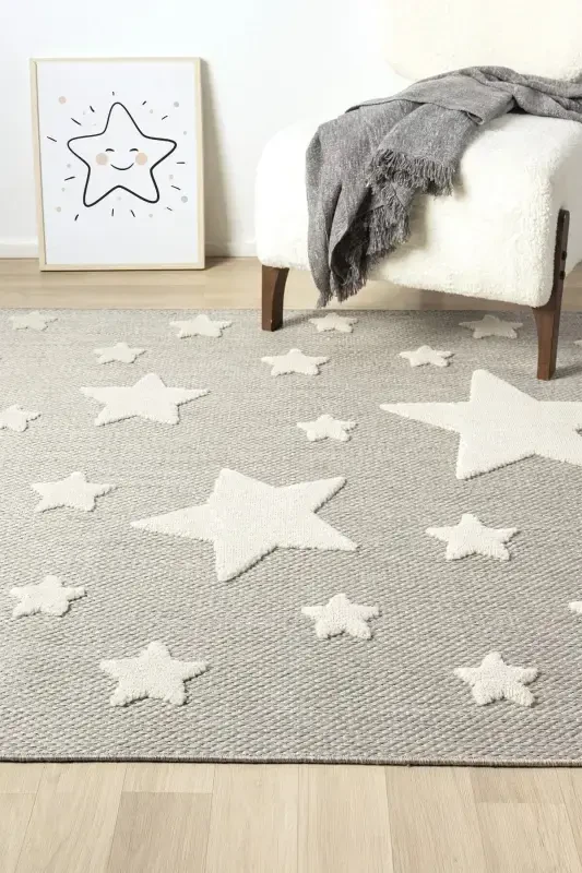 Non-Slip Washable Woven Rug Grey Star Baby Kids Room Rug Stain Resistant AYAZ 14 - 4