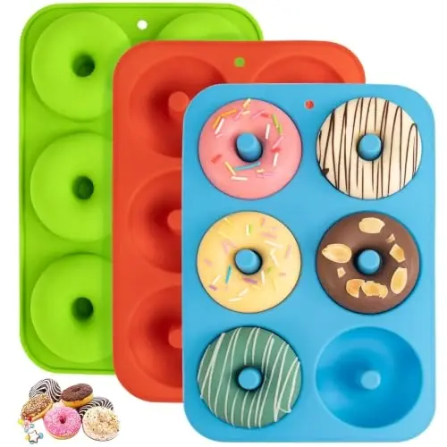 Non-Stick Silicone Donut Pan 3Pack, BPA-Free, Easy Release(Red,Blue,Green) | 6-Cavity Food Grade LFGB Donut Mold, Dishwasher & Microwave Safe, Perfect Homemade Donuts - AICHOOF