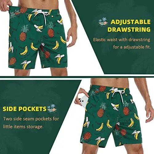 Nonwe erkaklar uchun suzish shortilari Kompressiya astarli Tez quriydigan Gavayi cho'milish kostyumlari 2 in 1 Board Short cho'ntaklar bilan - 5
